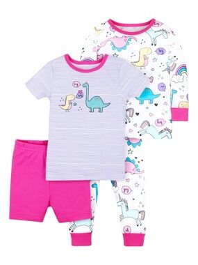 Little Star Organic Toddler Mix 4-Piece Dinosaur Pajamas PJ Set Girls Dino 3T